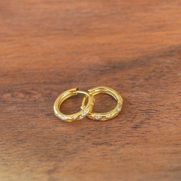 Celestial Gold Tiny Huggie Hoop Earrings Star Engraved Cubic Zirconia Dainty - Picture 4 of 10